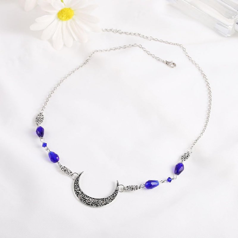 Yalice Boho Crescent Moon Head Chain Vintage Black Crystal Headband Chain Rhinestone Headpieces Witchy Forehead Chain for Women (Silver-Blue, One Size) - Image 5